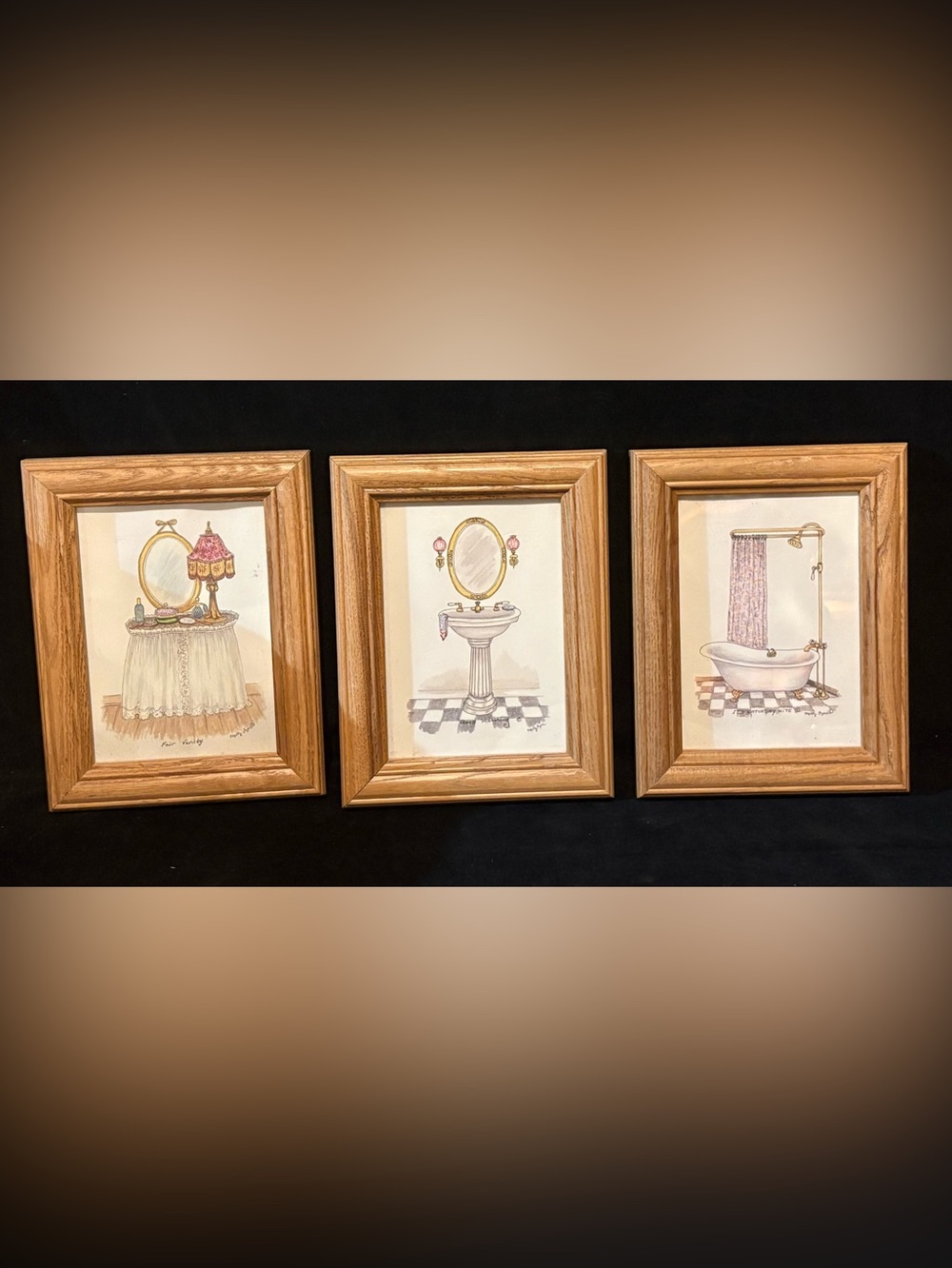 Triptych Oak Picture Frame Set with Beige Artwork